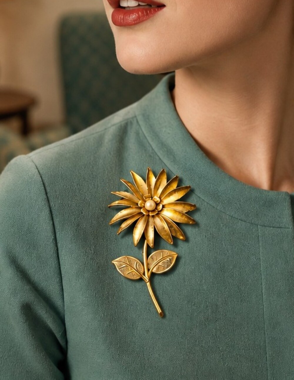 Vintage Mid-Century Gold Tone Floral Brooch | Faux Pearl Center | Circa 1960s